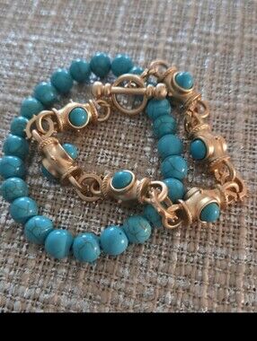 Set - Gold and Turquoise Bracelet. 7.9"  Best Seller &  Beaded Stretch Bracelet